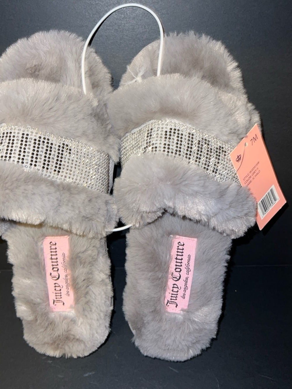 Juicy Couture Gray Faux Fur Slide Slippers with Crystal Strap